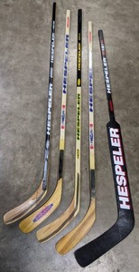 lot 77A image: (5) Total NEW Hespeler Hockey Sticks (1) Wooden Goalie Stick, (4) Hockey Sticks by Hespeler (1 is Left Handed)  J