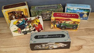 lot 107B image: (6) Vintage Avon Decorative Bottle After Shave Silver Duesenberg, The Avon Open, Maxwell 23, Country Vendor, Rolls-Royce and Pierce Arrow 33 J
