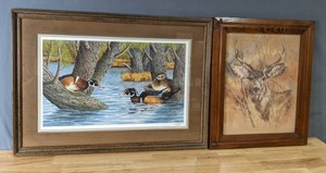 lot 190 image: Pair of Vintage Wood Framed Wildlife Paintings The Silent Buck and Wood Ducks in Spring J