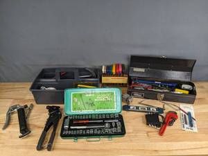 lot 158A image: A Variety of Tools Including Socket Set, T Handle Hex Keys, Grease Gun and Snap Blade Knife  J