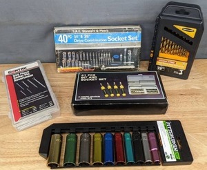 lot 100A image: Tool Accessories Pittsburgh 10-Pc Color Coded Socket Set, 41 Pc Bit & Socket Set, Warrior 29-Pc High Speed Drill Bit Set, Sontax 555 Pc Cotter Pins, 40-Pc Socket Set J