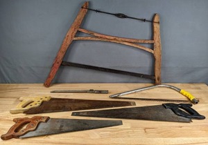 lot 302A image: (3) Hand Saws, (1) Bow Saw, (1) Hack Saw, (1) Antique Wood Buck Saw   J