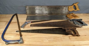 lot 301A image: (2) Miter Saws, (2) Hand Saws, (1) Hack Saw, (1) Bow Saw  J