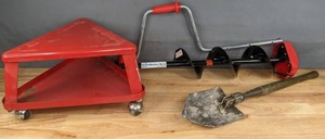 lot 275A image: StrikemasterMora Hand Ice Auger, Short Shovel, and Mechanics Stool  J