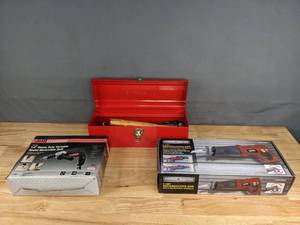 lot 157A image: Drill Master Drill, Chicago Electric Reciprocating Saw, and Stanley Tool Box with Miscellaneous Tool J