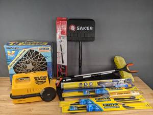 lot 205 image: Assorted Automotive Items Bonaire Inflation Machine, (6) Windshield Wiper Blades, Car Floor Mats, Rally 14 Wheel Covers, Liquid Transfer Pump, Cleaning Items, and More R