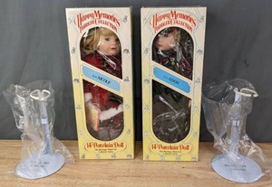lot 188 image: (2) NEW Happy Memories Toddler Collection Porcelain Dolls with Stands Adam and Nicole  J