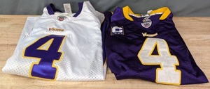 lot 91A image: Pair of Jerseys NEW NFL Reebok Minnesota Vikings Brett Favre #4 Football Jerseys Mens Size 50L and Mens Size 54XXL, Purple and White  J