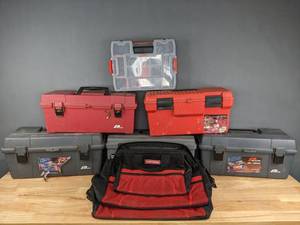 lot 195 image: (5) Plastic Tool Boxes (Popular Mechanics, Plano, Flambeau), Craftsman Plastic Storage Organizer, (3) Craftsman Soft Tool Bags R