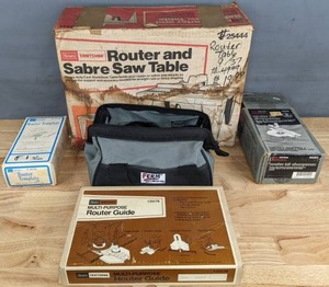lot 203 image: Vintage Tools  Rotary Cutting Tool, Sears Craftsman Router Bit Sharpener, Sears Craftsman Router and Sabre Saw Table, Sears Craftsman Router Template, Sears Craftsman Multi-Purpose Router Guide  R