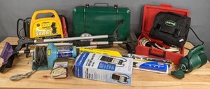 lot 189 image: Cen-Tech Battery Load Tester, Radio Shack Battery Tester, M1 by Super Winch, Anco Wiper Blades, Everstart Maxx Jump Starter, Greatland Twin Burner Propane Camp Stove, Jumper Cables, and More  R