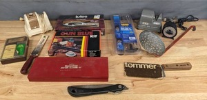 lot 211 image: Vintage Mixed Lot  Tommer Meat Cleaver, Folding Pruning Saw, Normark Fillet Knife, Smiths Sharpening Kit, Handy Hannah Knife Sharpener, Totes Fishmaster, Gun Blue Kit, Shotgun Cleaning Kits, Kenmore Electric Knife Sharpener, and More   R