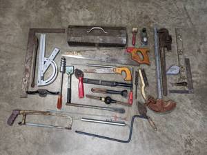 lot 268A image: Vintage Power Kraft Tool Box, Saws, Level, Angle Ruler, Wrench and More R