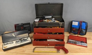 lot 267A image: Vintage Socket Set, Schumacher Speed Charge Charger, Hack Saw, Battery Charger, Stanley Stud Sensor, Pliers, 220 PSI 12V Air Compressor and More R