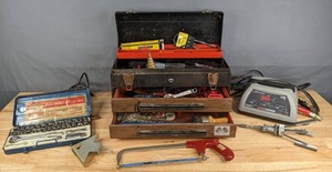 lot 245A image: Vintage Schumacher Speed Charge Charger, Hack Saw, Socket Set, Digital Multimeter, Stanley Extension Bar Set, Tool Box and More R