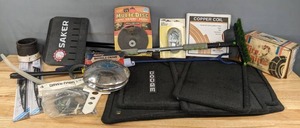 lot 212 image: NEW and Vintage Mixed Lot Tire Chains, Bicycle Chain, Stanley Lift Cables, Grinding Disc, Copper Coil, Dryer Cord, Air Pump, Sontax Wiper Blades, Saker SnowIce Scraper, Dodge Floor Mats, and More  R