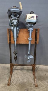 lot 43A image: Vintage Evinrude 2 Outboard Boat Motor, Blue Ribbon Champion Outboard Boat Motor and Stand R