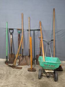 lot 215 image: Vintage Garden Tools Shovels, Spreader, Pick Axe and More R