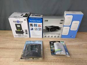 lot 237 image: NEW GE LED CoverLite, Room 2 Room LED Fountain, Plug In Portable Heater, Percent Ultimate Charging Station, Clarifon Air Ionizer Purifier, Accurite IndoorOutdoor Thermometer, R