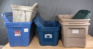 lot 270 image: (9) Storage Totes with Cover Lids Sterilite 10 Gal. Tote, Incredible Plastics 20 Gal. Tote, Bella Contemporary Storage 10 Gal. Blue Totes, Etc. R