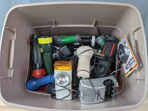 lot 274 image: Bin of Various Flash Lights and Accessories R
