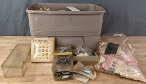 lot 251 image: Large Plastic Tote with Collection of Miscellaneous Hardware  R