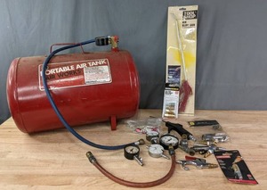 lot 258 image: Portable Air Tank Air Works, Tool Shop Air Blow Gun, Steel Quick Connect Kit, 14 in. Quick Connector, Blow Gun Kit and More R