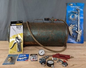 lot 248 image: Tool Lot  Pistol Grip Blow Gun, Mini Oiler, Industrial Plugs, Tool Shop Engine Cleaner, Air Compressor Tank, and More  R