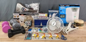 lot 262 image: Assortment of Hand Weights, Key Tags, Post-It Tape Flags, Nortex Fan, Nail Clipper Set, HealthoMeter Weight Tracking Scale, Dermasuction, Accu-Chek Aviva Plus, Therapist Select Deluxe Electric Percussion Massager and More R