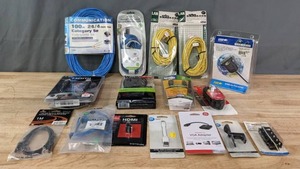 lot 264 image: NEW Assortment of Belkin Dragless Networking Cable, 100 Ft. Category 5e CMRCMX Cable, USB to Parallel, 6 Ft. HDMI Cable, Samsung Wireless Portable Charger, 10 Ft. USB Extension Cable, Sync and Charge Cable, HDMI Right Angle Connector and More R