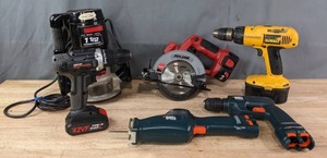 lot 240 image: Power Tools  Nanwei Cordless Drill, Black & Decker Cordless Multipurpose Saw, Black & Decker Cordless Drill, Dewalt Cordless Drill, Skilsaw Circular Saw, and Sears Craftsman Router R