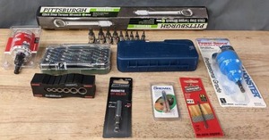 lot 244 image: Misc. Tool Lot Pittsburgh Click Stop Torque Wrench, Drill Block, Dremel Bits, Magnetic Bit Holder, Drill Bit Sets, and More  R