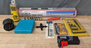 lot 243 image: Misc. Tools  Tool Shop 13-Piece Drill Bit Set, Hole Saw Bits, Makita Drill Bit Set, Battery Tester, Pittsburgh 12 150 lb. Torque Wrench, Sockets, and More  R