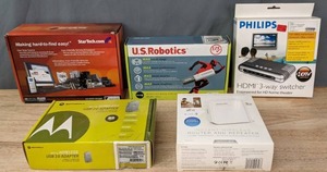 lot 238 image: US Robotics USB Adapter, Philips HDMI 3-Way Switcher,  Motorola Wireless USB 2.0 Adapter, Wireless Router and Repeater, and StarTech InfoSafe  R