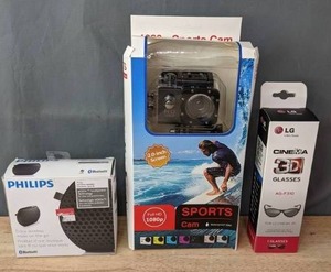 lot 29 image: NEW Technology Trio Philips Speaker, L.G. 3D Glasses, and HD Sports Cam R