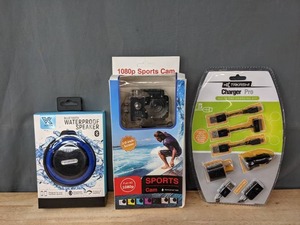 lot 246A image: Sports Cam HD Camera, Voltix Speakers, and Takashi Charging Kit R
