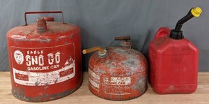 lot 245 image: (3) Gas Cans Vintage Eagle Sno-Go Gasoline Can, Galvanized Gasoline Can, Plastic Gas Can  R