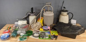 lot 250 image: Mixed Lot  String Trimmer Line, Rope, Webbing, Plant Tie Material, Funnel, Sprayers, Digital Thermometer, Char Broil Hose & Regulator, and More  R