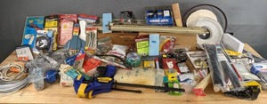 lot 249 image: Mixed Lot  Wire Rope, Cable Ties, KwikSet Lock, Table Legs, Cable Clamps, Shelf Brackets, Clothesline, Carabiner, Clamps, Door Stop, and Much More R