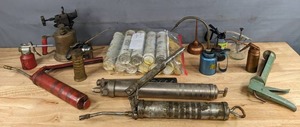lot 257 image: Vintage Hand Torch, Caulk Gun, Grease Guns, Oil Can, Etc. R