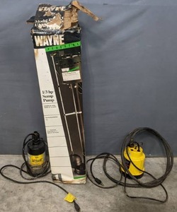 lot 253 image: Wayne Pedestal 13 HP Sump Pump, Super Geyser Submersible Sump Pump, Sears Submersible Utility Pump  R