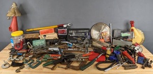 lot 252 image: Mixed HardwareTool Lot Hatchet, Drill Bits, Hole Saw Bits, Clamps, Socket Set, Allen Hex Keys, CenTech Infrared Thermometer, and Much More  R