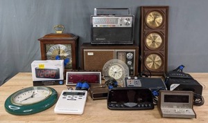 lot 289 image: Vintage Sony Radio, Broadmoor, Mantle Clock, Wall Clock, Sony Alarm Clock, Spartus Snoozer Alarm Set, Digital Alarm Clock, Midland Digital Weather Radio and More R
