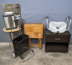 lot 278 image: Step Trash Cans, Round Table, Wall Mirror, TV Trays, Side Table Stand on Wheels, Raised Toilet Set, Etc. R
