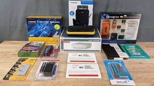 lot 295 image: NEW Universal Remote, 1st & 10 DVD Set, Game Clean and Protect Kit, CDMA SIM Kit, Samsonite Luggage Accessory Set, Trutech DVD Player, Sound Around Home Theater Speakers, EPS K24 Auto Emergency Jump Starter, and More  R