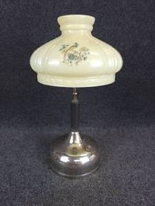 lot 408 image: Antique Coleman Quick-Lite Pressure Lamp w Beautiful Glass Shade - Chrome Base