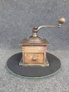 lot 454 image: Antique Cast Iron and Wood Coffee Grinder