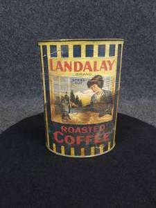 lot 591 image: Early Paper Label LANDALAY BRAND 1# Roasted Coffee Can - Butler Brothers Distributors