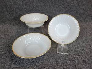 lot 564 image: (3) Anchor Hocking Golden Shell Serving Bowls - (1) is Marked Fire-King and (2) are Marked Anchor Hocking