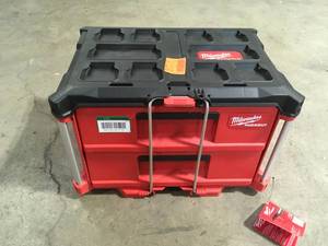 lot 31 image: PACKOUT 22 in. 2-Drawer Tool Box with Metal Reinforced Corners by Milwaukee Customer Returns See Pictures